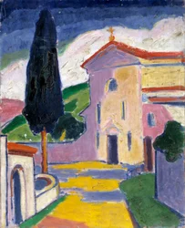 Kirche mit Zedernbaum links, vor 1932