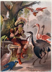 Papageno mit einer Panflöte bringt die Vögel aus dem Wald. Illustration von Carl Offterdinger (1829-1889) in „Die Zauberflöte“. Privatsammlung.