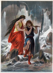 Prinz Tamino und Prinzessin Pamina durchquerten ohne Furcht die strömenden Wasserfluten, und der Prinz spielte weiter auf der Flöte. Illustration von Carl Offterdinger (1829-1889) in „Die verzauberte Flöte“. (Die Zauberflöte, magische Flöte, Die
