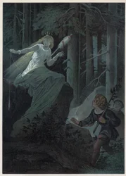 Die Fee, die mit einer goldenen Spindel weglief, sang das Schicksal eines goldenen Knopfes. Illustration von Carl Offterdinger in „Bouton d