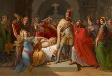 Kriemhild an der Leiche Siegfrieds erklärt Hagen als dessen Mörder und schwört Rache