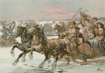 Friedrich Wilhelm, der Große Kurfürst (1620-1688), überquert die Kurische Nehrung mit einem Schlitten in einem Feldzug gegen die Schweden im Jahr 1678