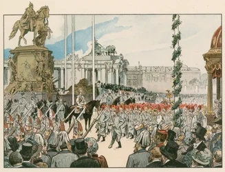 Wilhelm II., Deutscher Kaiser und König von Preußen (1859-1941), bei der Einweihung des Nationaldenkmals in Berlin 1897