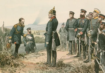 Wilhelm I., König von Preußen und Kaiser von Deutschland (1797-1888), empfängt die Kapitulation Napoleons III. im Jahr 1870 nach der Schlacht von Sedan