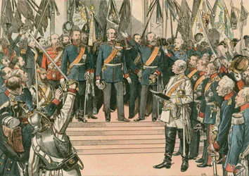 Wilhelm I., König von Preußen und erster deutscher Kaiser (1797-1888), wird beim Vertrag von Versailles 1871 als Kaiser des neu vereinten Deutschen Reiches anerkannt