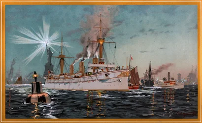Kaiserin Augusta verlässt New York, Chromolithographie von C. Saltzmann 95, Nr. 13 aus G. Wislicenus, Unsere Kriegsflotte