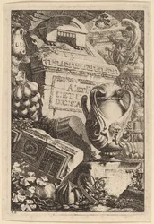 Fantasie eines antiken Grabes mit Fragmenten von Architektur und Skulptur