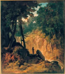 Bewaldete Landschaft mit Wasserfall, am Ufer mit Kapuzinermönch