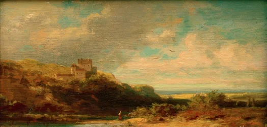 Landschaft mit Flusstal und Burg