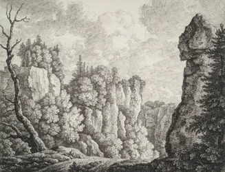 Felsige Landschaft mit einem Einsiedler