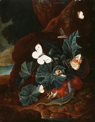 Stillleben auf Waldboden mit Eidechse, Schmetterlingen, Schnecke und Schlange