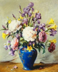 Stillleben mit Pfingstrosen und Iris