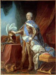 Ganzkörperporträt von Ludwig XV. in Rüstung, Hand auf einem Helm