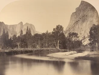 Flussansicht, Talabwärts, Cathedral Rock links, 1861, Yosemite