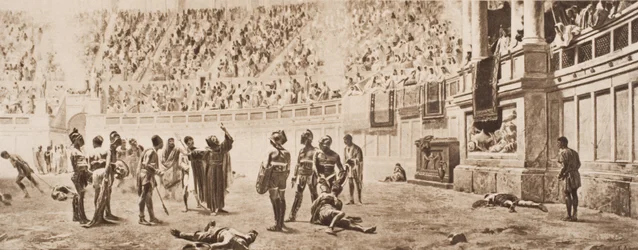 Der Mönch Almachius versucht, den Gladiatorenkampf zu stoppen, Illustration aus 