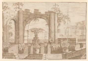 Ein Garten mit zerstörtem Torbogen