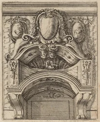 Architektonisches Motiv mit drei Schilden, zwei mit Figuren
