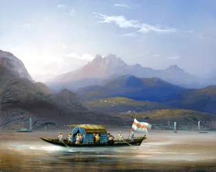 Comer See. Ein Boot. Im Hintergrund ist der Berg Groma zu sehen, um 1830.