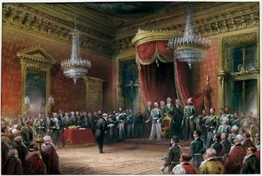 Risorgimento - Carlo Farini (1812-1866) überreicht Viktor Emanuel II. (Vittorio Emanuele) (1820-1878) den Pakt der Annexion von Emilia Romagna im Jahr 1860