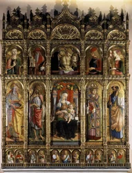 Polyptychon mit einer Pietà und im unteren Teil eine Madonna mit Kind