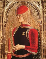 Darstellung des Heiligen Georg, Detail des Altars, von Carlo Crivelli. Kapelle des Sakraments, Kathedrale von Ascoli Piceno, Marken