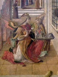 Die Verkündigung mit dem heiligen Emidius, Detail des Erzengels Gabriel mit dem Heiligen, 1486 (Detail von 97895)
