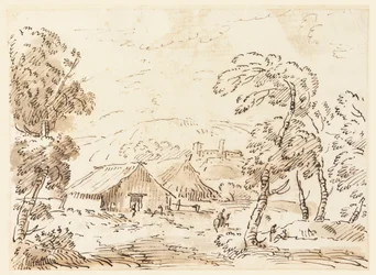 Bauernhaus und eine Burg in bergiger Landschaft