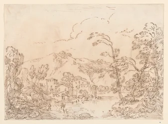 Dorf an einem Bach in bergigem Land