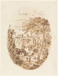 Landschaft mit Reiter und Brücke