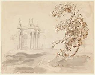 Baum in Landschaft mit Gebäude