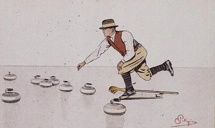 Mann wirft einen Stein in einem Curling-Spiel