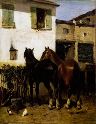 Postpferde, Gemälde von Carlo Pittara (1836-1891), Öl auf Leinwand, 41x32 cm, Italien