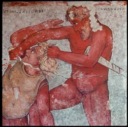 Etruskische Zivilisation: „Darstellung des Opfers von trojanischen Gefangenen zu Ehren von Patroklos“ Reproduktion von Carlo Ruspi der Fresken des 4. Jahrhunderts v. Chr. aus dem François-Grab von Vulci. Florenz, Archäologisches Museum