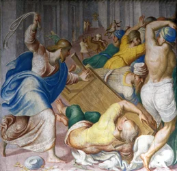 Jesus Christus vertreibt die Händler an den Toren des Tempels. Fresko von Carlo Urbino. Mailand, S. Maria della Passione
