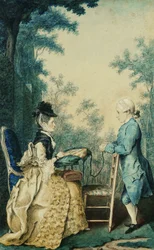 Eine Dame sitzt auf einer Terrasse und stickt auf einem Tambour, mit einem kleinen Jungen vor ihr