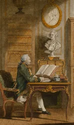 Monsieur de Cormainville in seiner Bibliothek, an seinem Schreibtisch schreibend