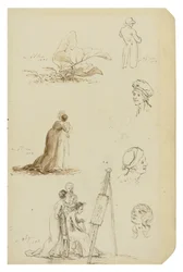Studie von Köpfen, Figuren und Blattwerk