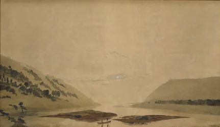 Gebirgige Landschaft mit Fluss am Morgen, 1830-35