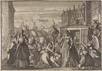 Frauen knien in Paris vor Königin Anna und bitten sie, die Steuern zu senken, 1645