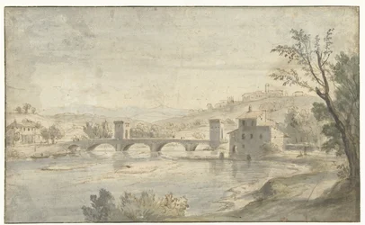 Italienische Flusslandschaft mit einer Brücke