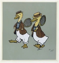 Zwei Enten im Tennissuit - in „Merry Party“, ill. von Cécil Aldin, ed. Hodder & Stoughton, London