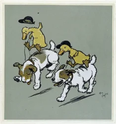 Ente reitet auf Hunden - in „Merry Party“, ill. von Cecil Aldin, ed. Hodder & Stoughton, London