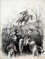 Jagdszene in England: Hunde. Zeichnung von Cecil Aldin (19. Jahrhundert)