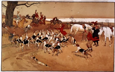 Jagdszene: Schießen. Gravur von Cecil Aldin (1870 -?), England. Private Sammlung