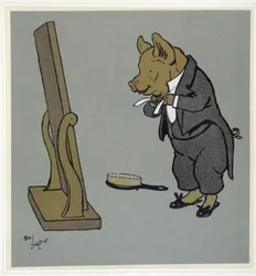 Schwein pflegt sich, bindet seine Krawatte vor einem Spiegel - in Merry Party, ill. von Cécil Aldin, ed. Hodder & Stoughton, London