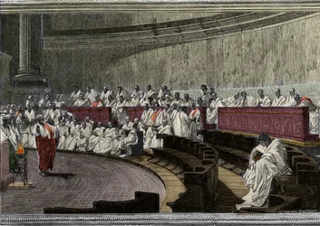 Cicero denunziert den Verschwörer Catilina (Lucius Sergius Catilina) (108-62 v. Chr.) am 8. November 63 v. Chr. Die Szene spielt in Rom im Senat, graviert nach dem Fresko, das zwischen 1882 und 1888 von Cesare Maccari (1840-1919) geschaffen wurde. Rom Pala