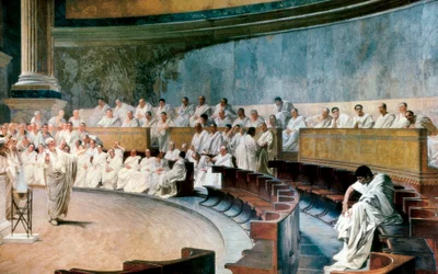 Cicero entlarvt Catilina am 8. November 63 v. Chr. Die Szene spielt im Senat in Rom, Fresko, geschaffen zwischen 1882 und 1888