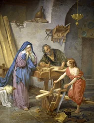Josef, Maria und Jesus in der Schreinerwerkstatt