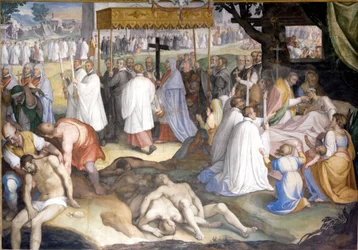Der heilige Karl Borromäus (San Carlo Borromeo) spendet den sterbenden Pestkranken während der Pest von 1575 bis 1577 im Lazarett von Mailand die Kommunion. Fresko von Charles Nebbia im Borromeo College in Pavia (Mailand)