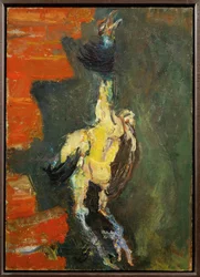 Huhn, hängend vor einer Ziegelwand, ca. 1924